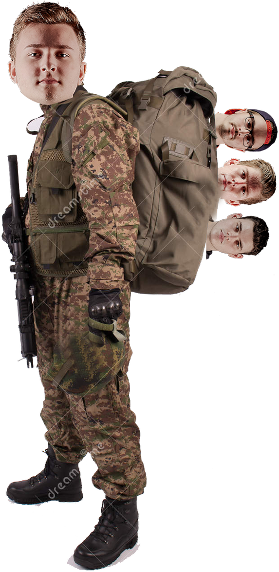 軍事迷彩服士兵多頭像 壁紙 — 一名身穿迷彩裝備的士兵背著一個大背包和步槍，而另外三個男人的頭從後面探出來。