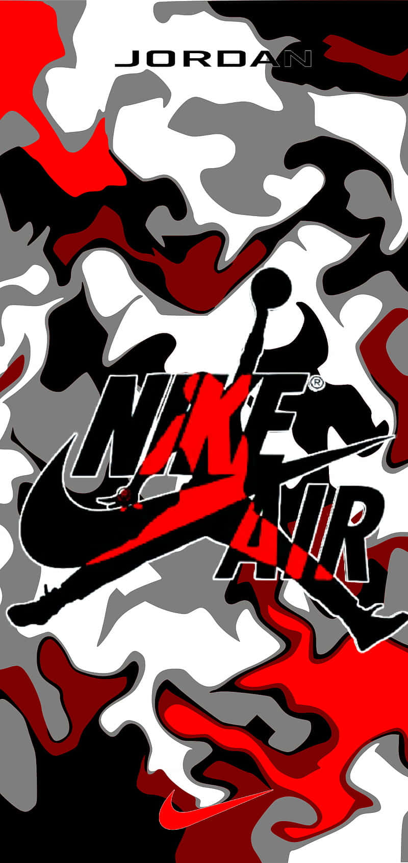帶有 Nike Air Jordan 標誌和剪影的紅、黑、白迷彩壁紙。