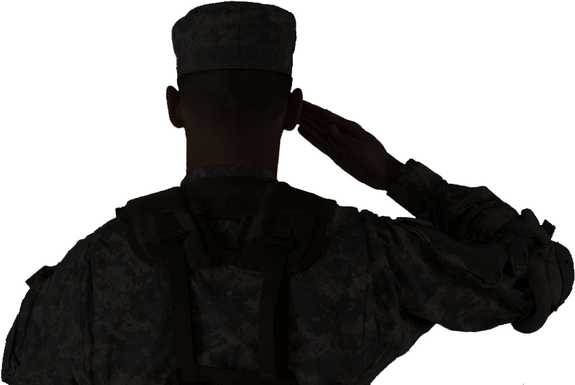 軍人敬禮剪影 壁紙 — 一名身穿迷彩軍服的士兵背向觀眾，在黑色背景前敬禮。