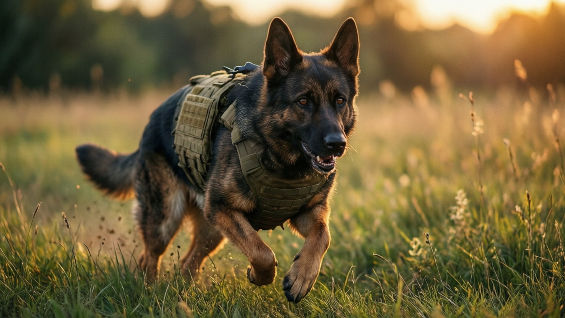 軍犬戰士 壁紙 — 一隻德國牧羊犬穿著戰術背心，在黃金時段專注地衝過高草叢。
