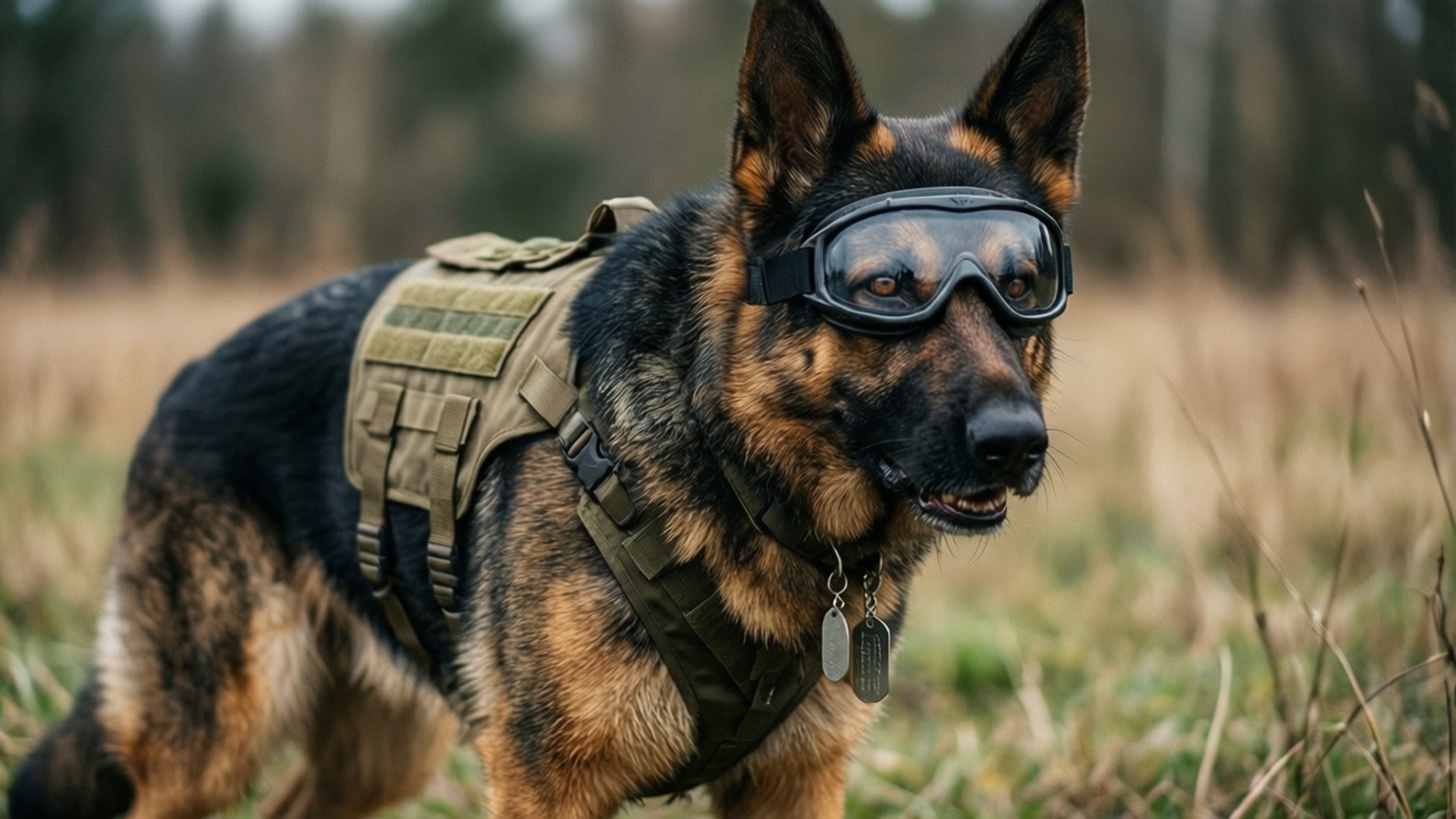 德國牧羊犬穿著戰術裝備和護目鏡站在草地上