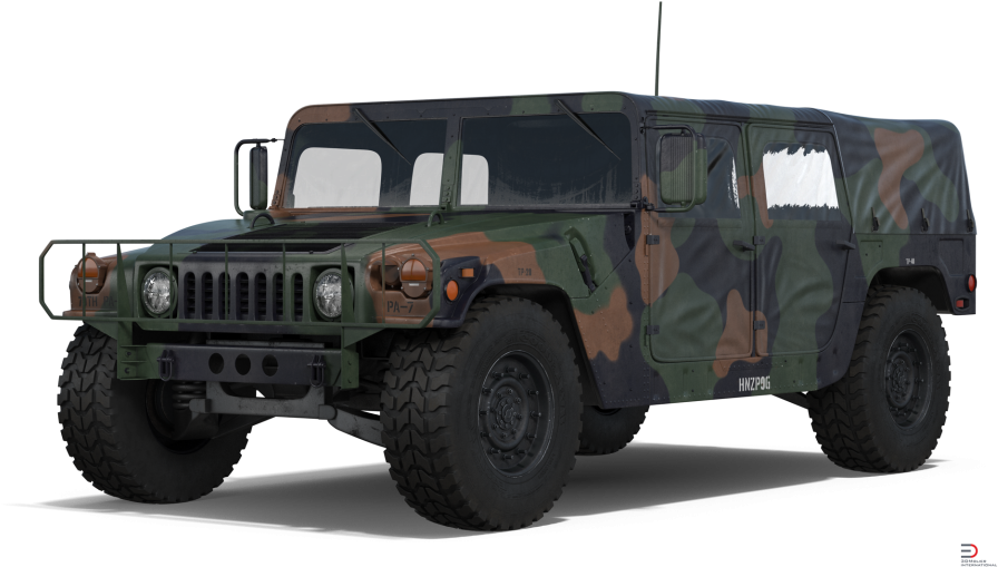 軍用Hummer H1迷彩版 壁紙 — 一輛軍用迷彩悍馬車，配備堅固輪胎和強化保險槓，孤立地立在黑色背景前。