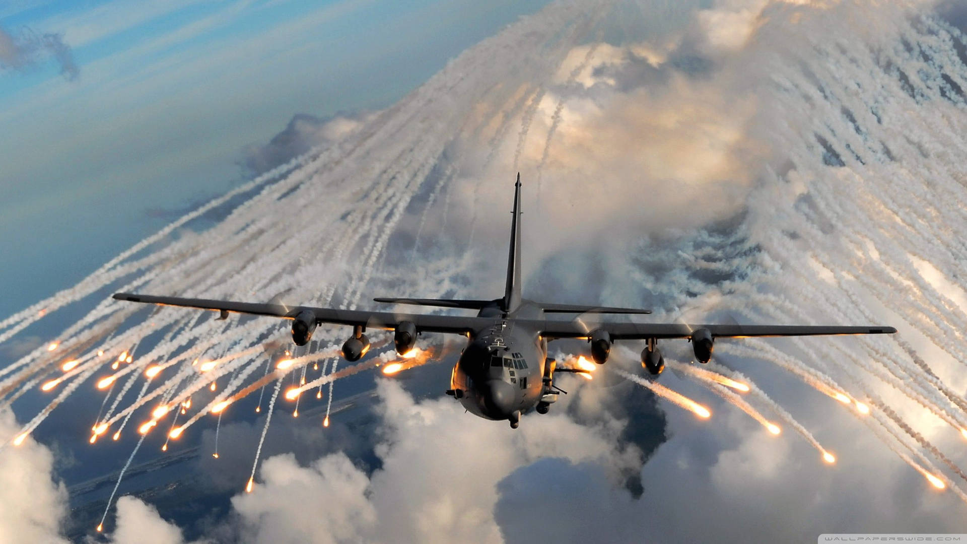 軍用運輸機在雲層上空進行空中機動時釋放照明彈。