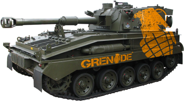 軍用坦克側面視圖 壁紙 — 一輛軍用坦克，採用橄欖綠色塗裝，側面有醒目的橙色手榴彈圖案。