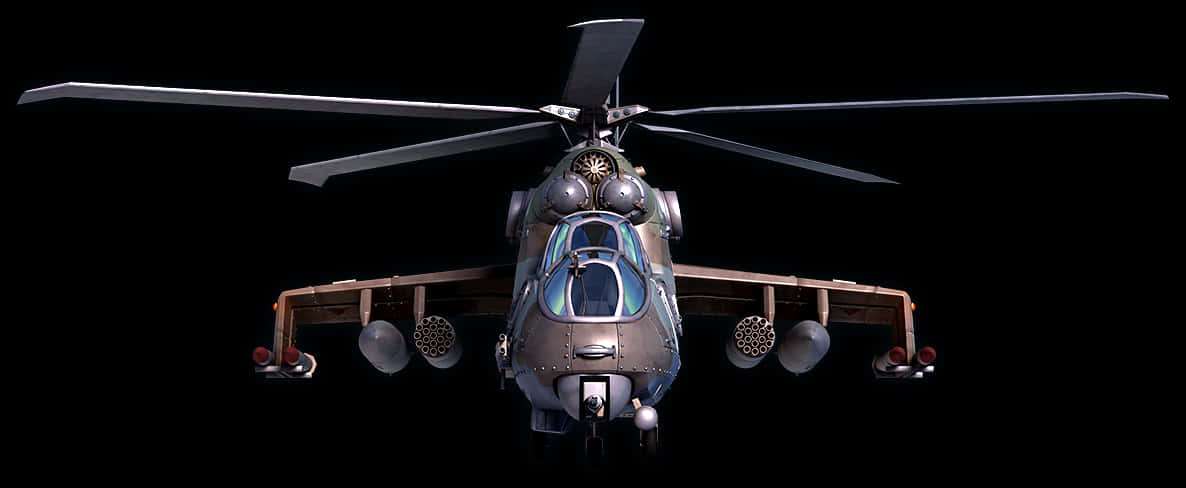 軍用直升機正面視圖 壁紙 — 一個詳細的3D渲染攻擊直升機，帶有旋翼葉片和安裝的武器，正面顯示在黑色背景上。