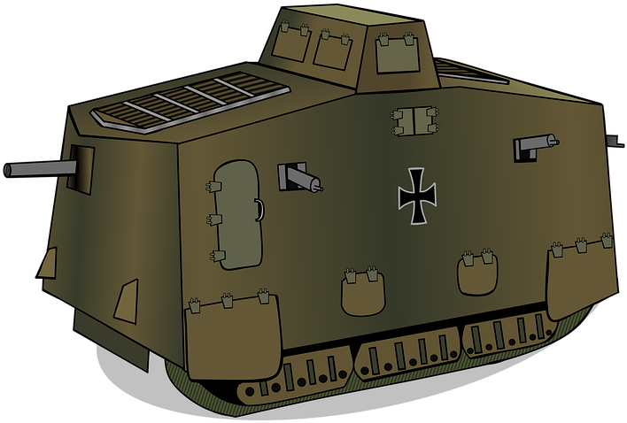 軍用裝甲車插畫 壁紙 — 一輛風格化的橄欖綠色裝甲坦克，帶有黑色十字標誌和可見的履帶，背景為純色。