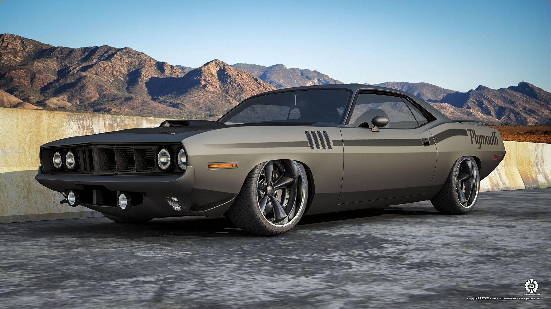 軍綠色 Plymouth Barracuda 肌肉車 壁紙 — 一架啞光灰色經典Plymouth肌肉車停泊在混凝土表面上，背景是崎嶇的山脈和晴朗的藍天。