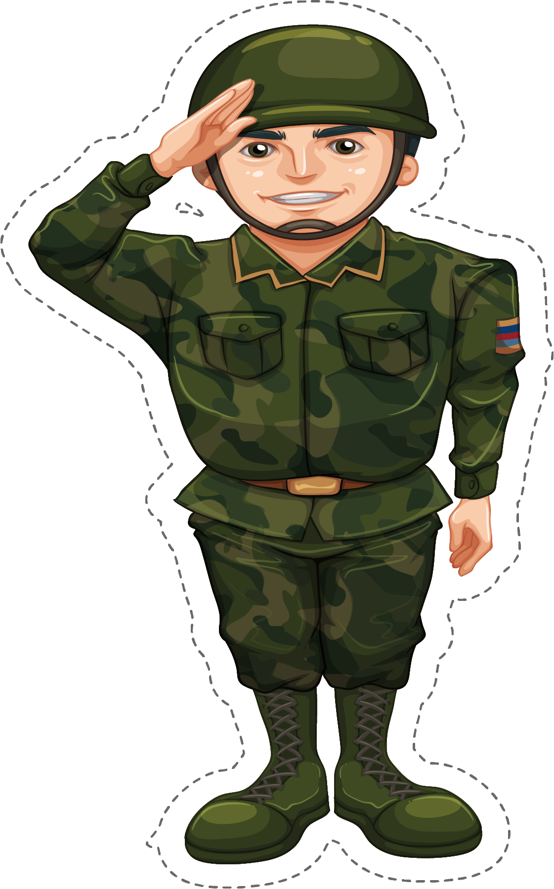軍裝卡通角色敬禮 壁紙 — 一個穿著綠色迷彩制服的可愛卡通士兵，在純白色背景上微笑敬禮。