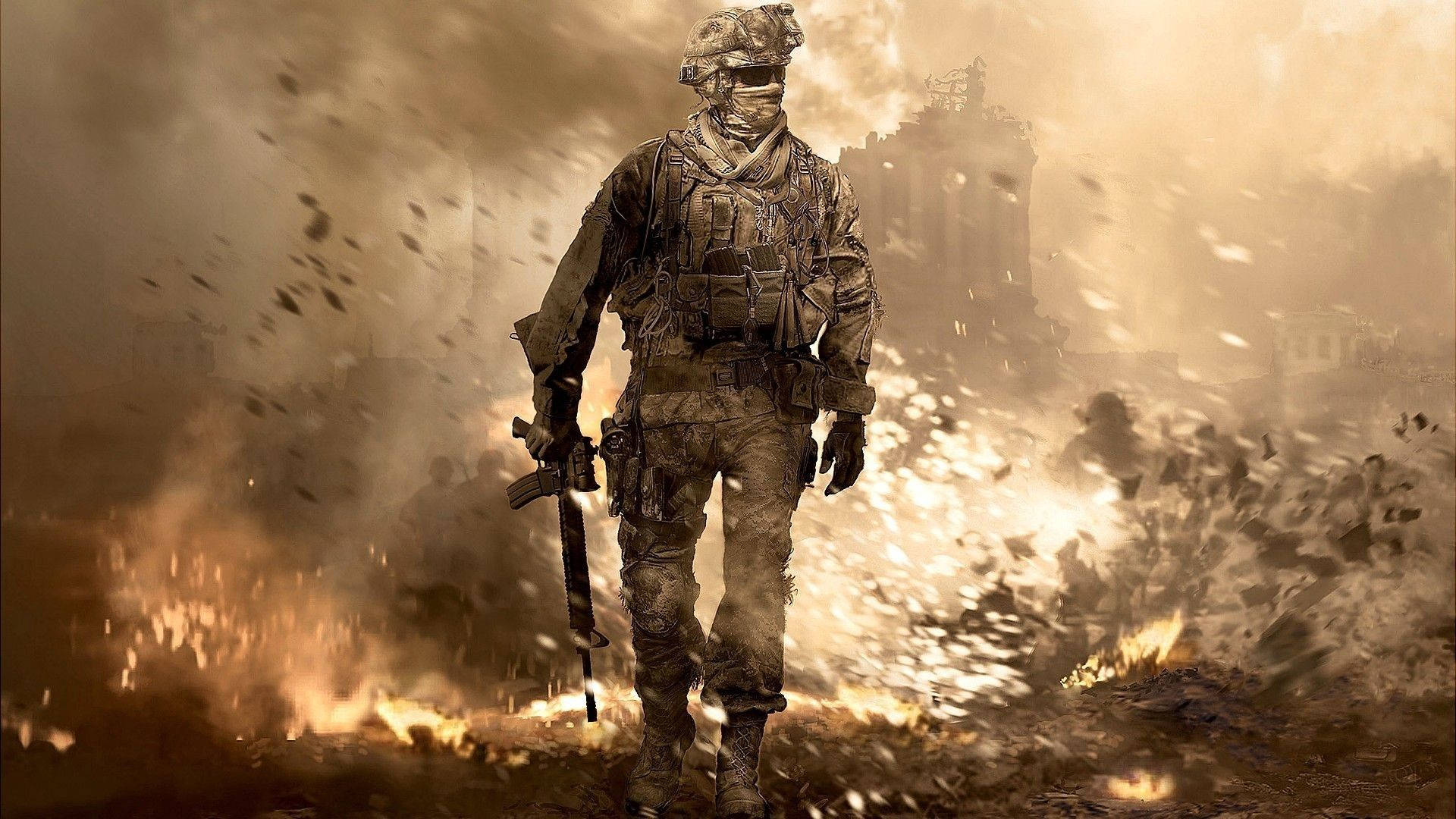 身穿戰鬥裝備的士兵走過一個烈火爆炸戰場。