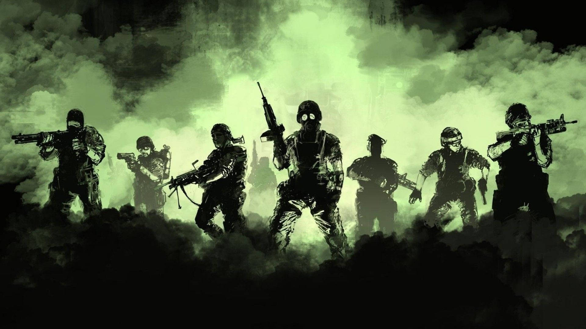 軍隊藝術作品 壁紙 — 剪影士兵戴著防毒面具和戰鬥裝備，站在有毒的綠色煙霧中，天空風暴來襲。