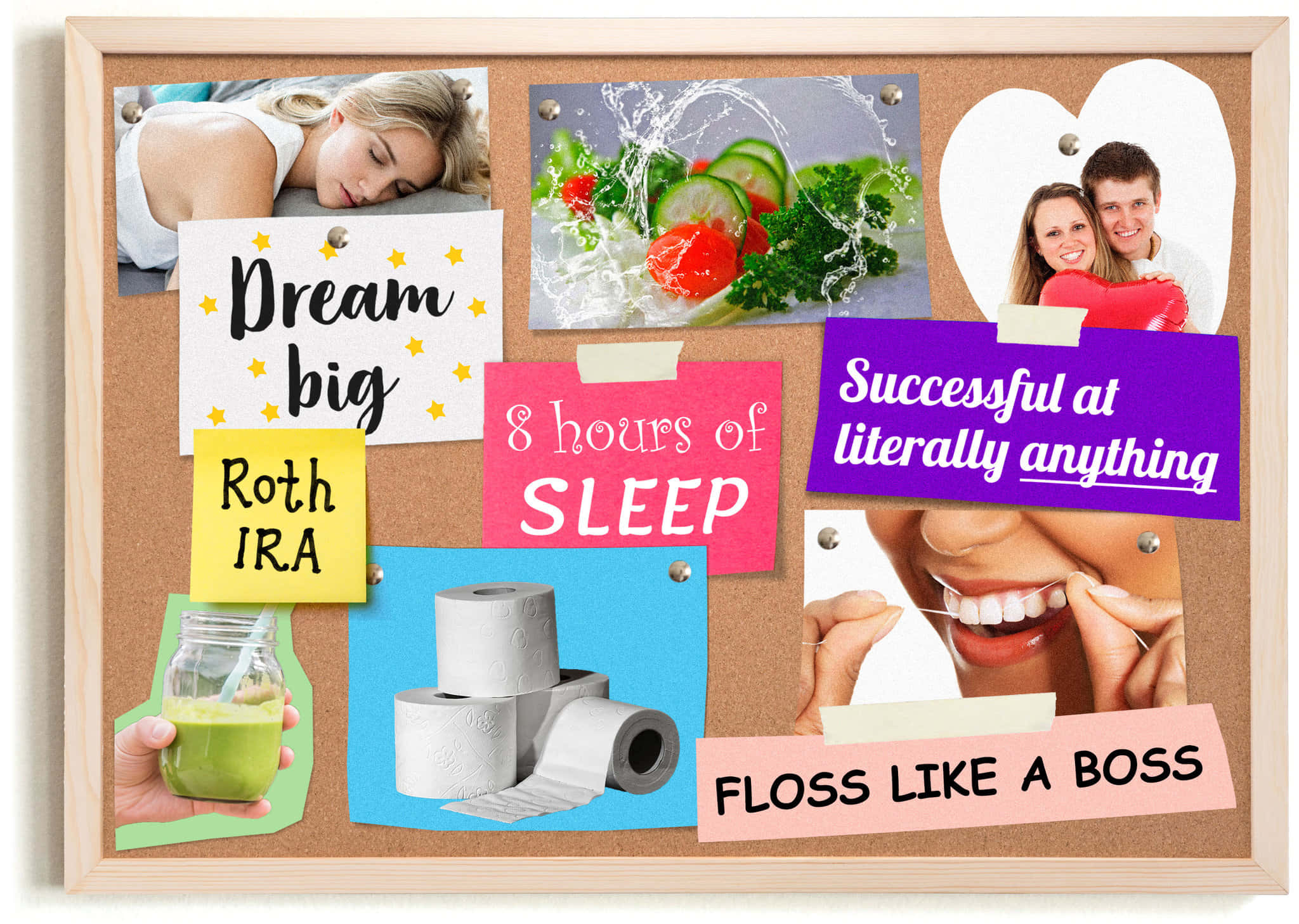 Vision Board 桌布 壁紙 — 軟木板上展示了勵志名言、健康貼士和生活照片，包括睡眠、使用牙線和健康飲食。