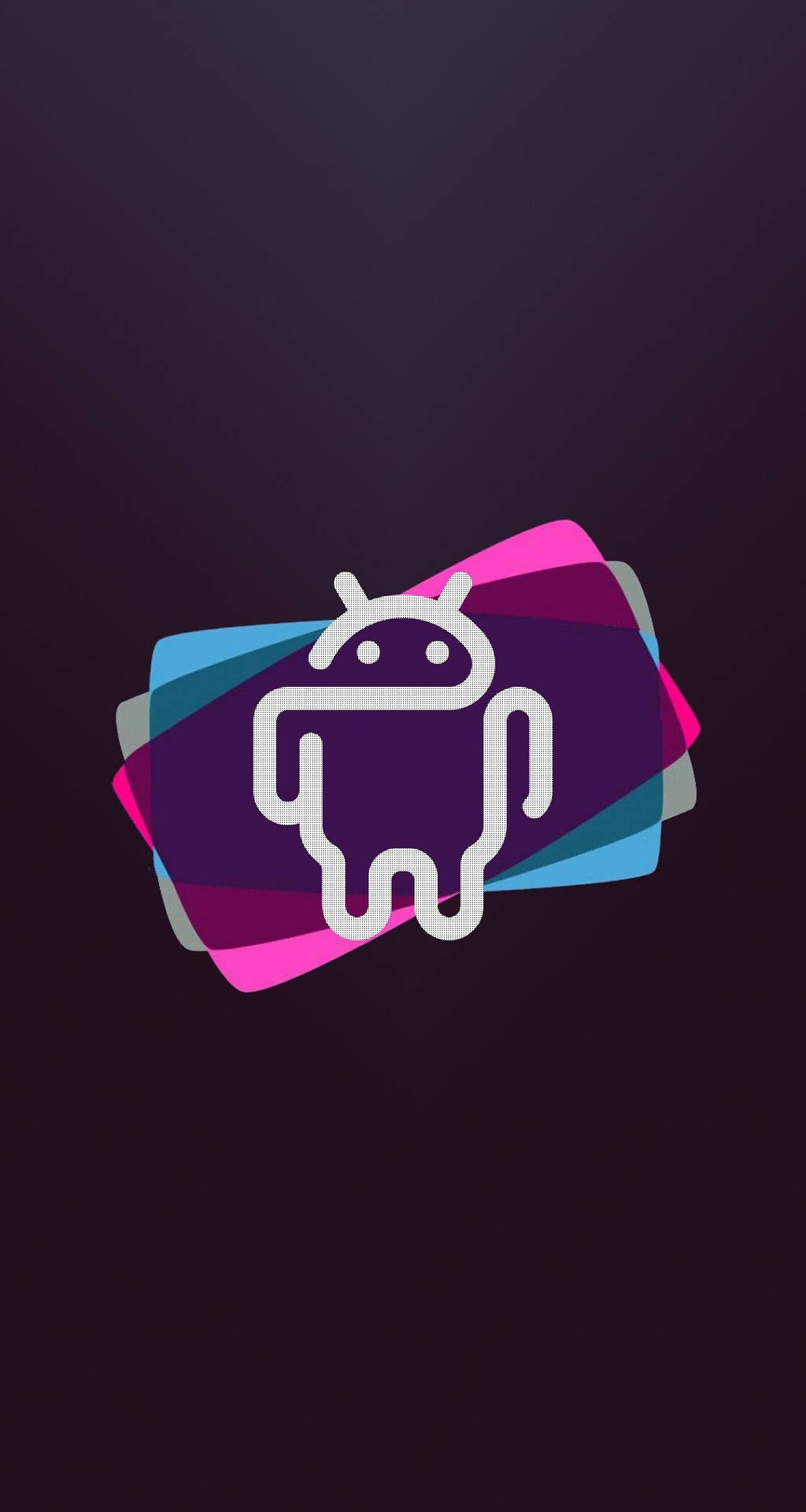 Android機械人標誌，帶有彩色分層形狀，背景為深紫色