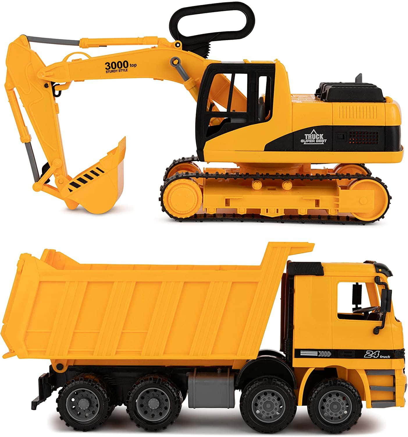 載滿泥土的橙色自卸車，準備出發 壁紙 — 兩件鮮黃色建築玩具，詳細的挖掘機和自卸卡車，展示在乾淨的白色背景上。