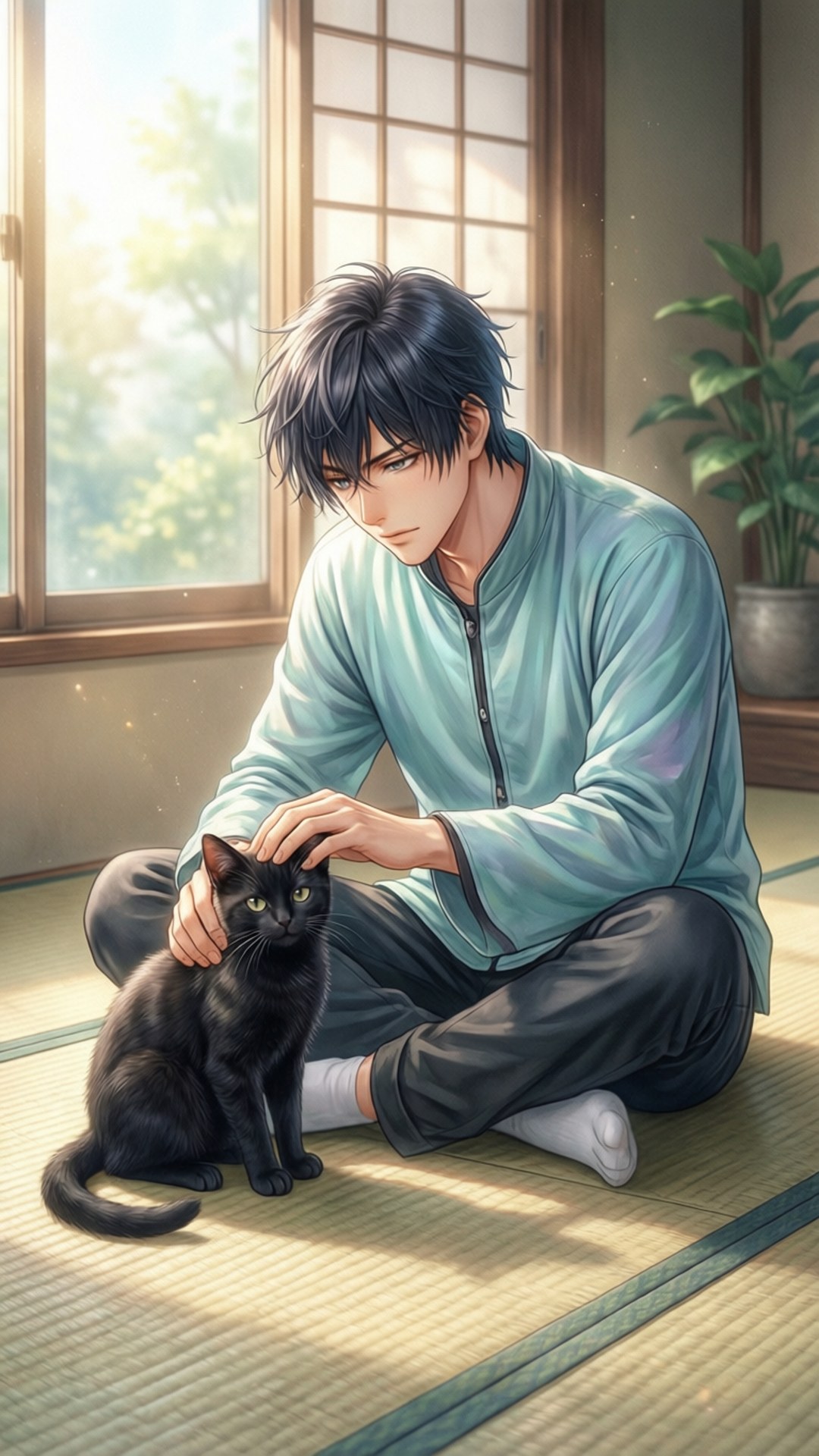 輕撫愛貓 Kuro 壁紙 — 一位身穿淺藍色長袍的年輕男子盤腿坐在榻榻米上，在陽光照射的障子窗邊輕輕撫摸一隻黑貓。