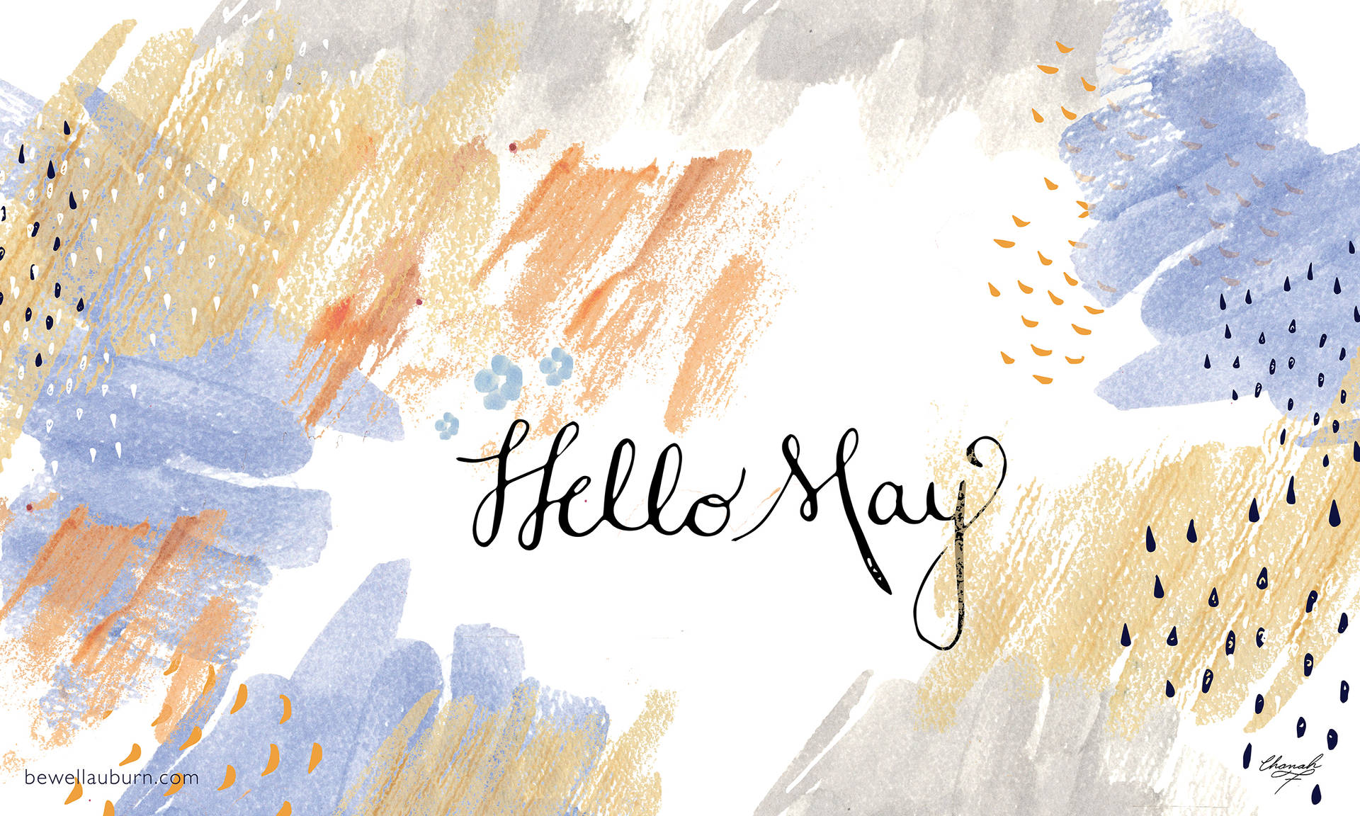 水彩抽象背景，帶有藍色、橙色和灰色的筆觸，以及草書文字 Hello May。