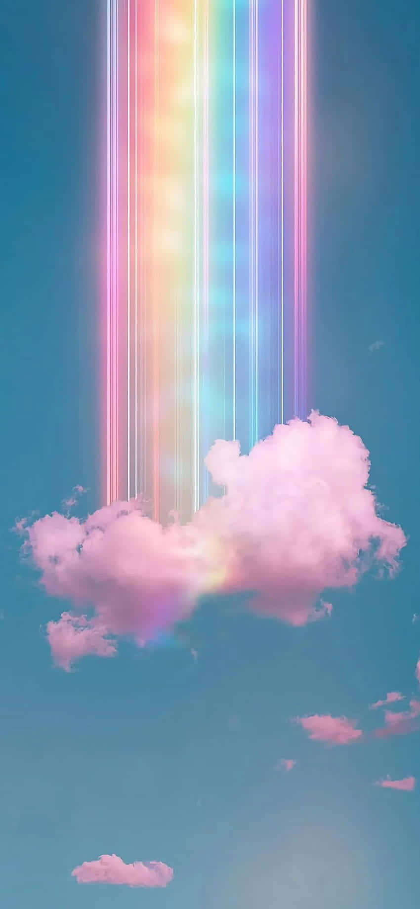 在夢幻般的藍綠色天空中散發彩虹光束的粉紅色雲朵。