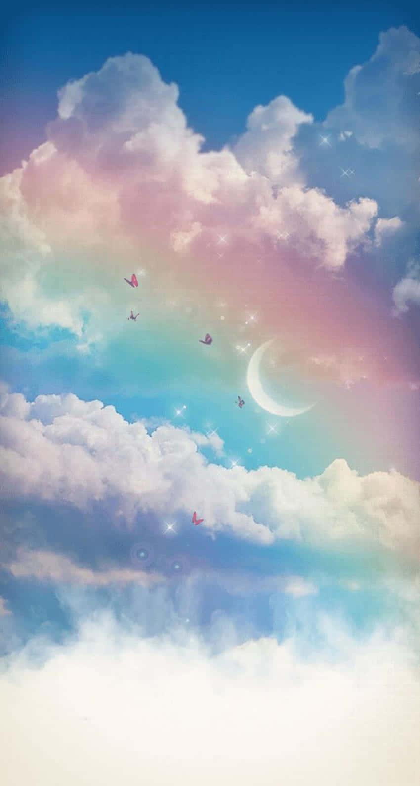 粉彩天空，有雲、月亮、蝴蝶和彩虹光輝