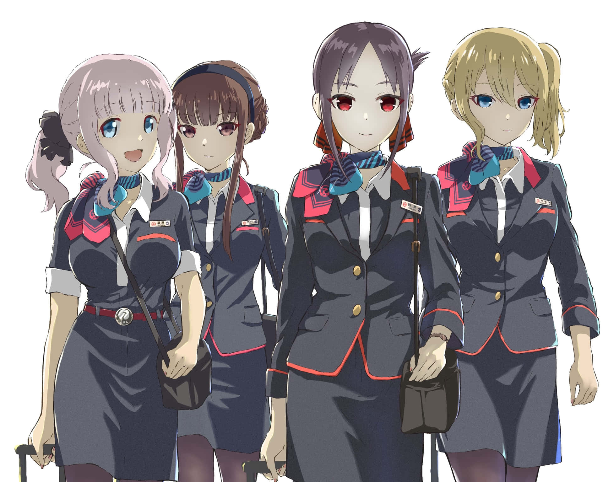 四個動畫車站工作人員穿著相配的制服拿著行李