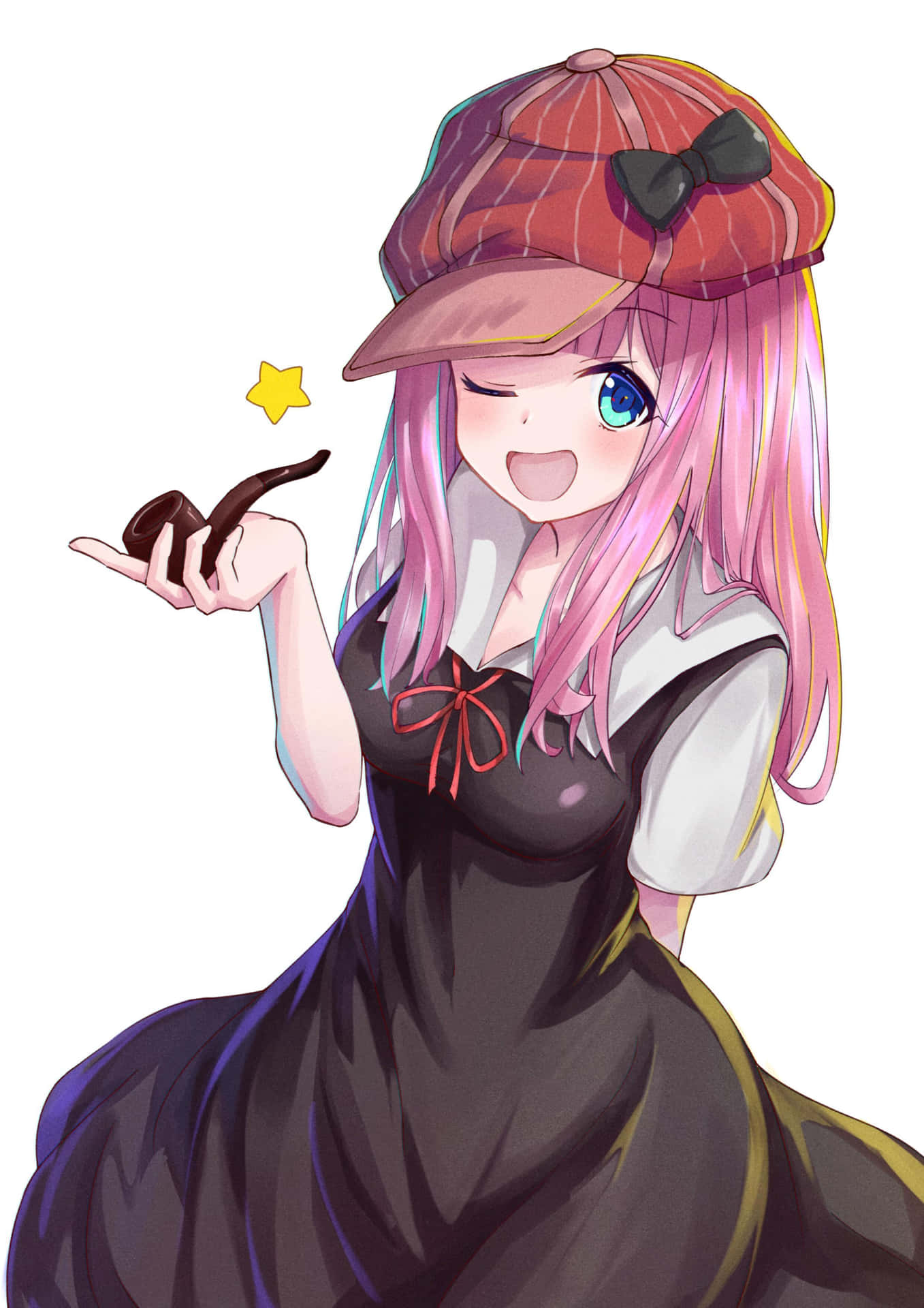《輝夜姬想讓人告白》藤原千花 壁紙 — 一個開心的動漫女孩，粉紅色頭髮和藍色眼睛，拿著煙斗和星星眨眼。