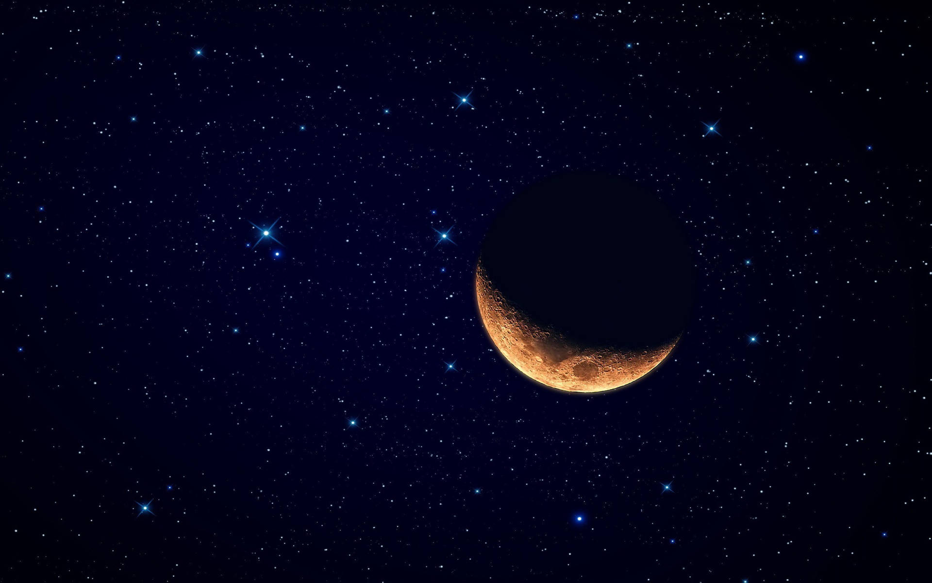 在繁星點點的夜空下，一彎散發橙色光芒的新月。