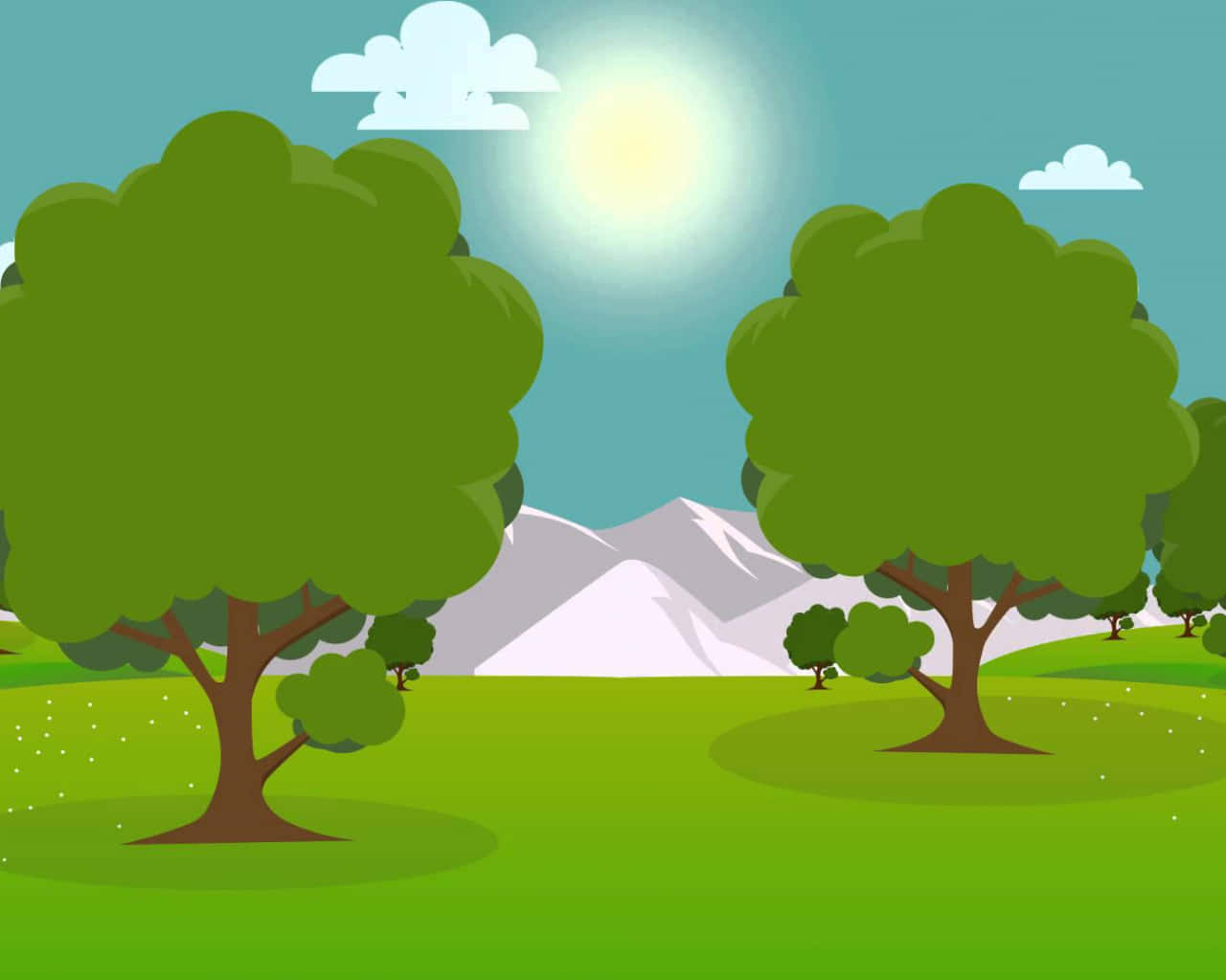輝煌陽光刺破雲層 壁紙 — 充滿活力的卡通風景，有茂密的綠樹和白雪覆蓋的山脈，在明亮的陽光下。