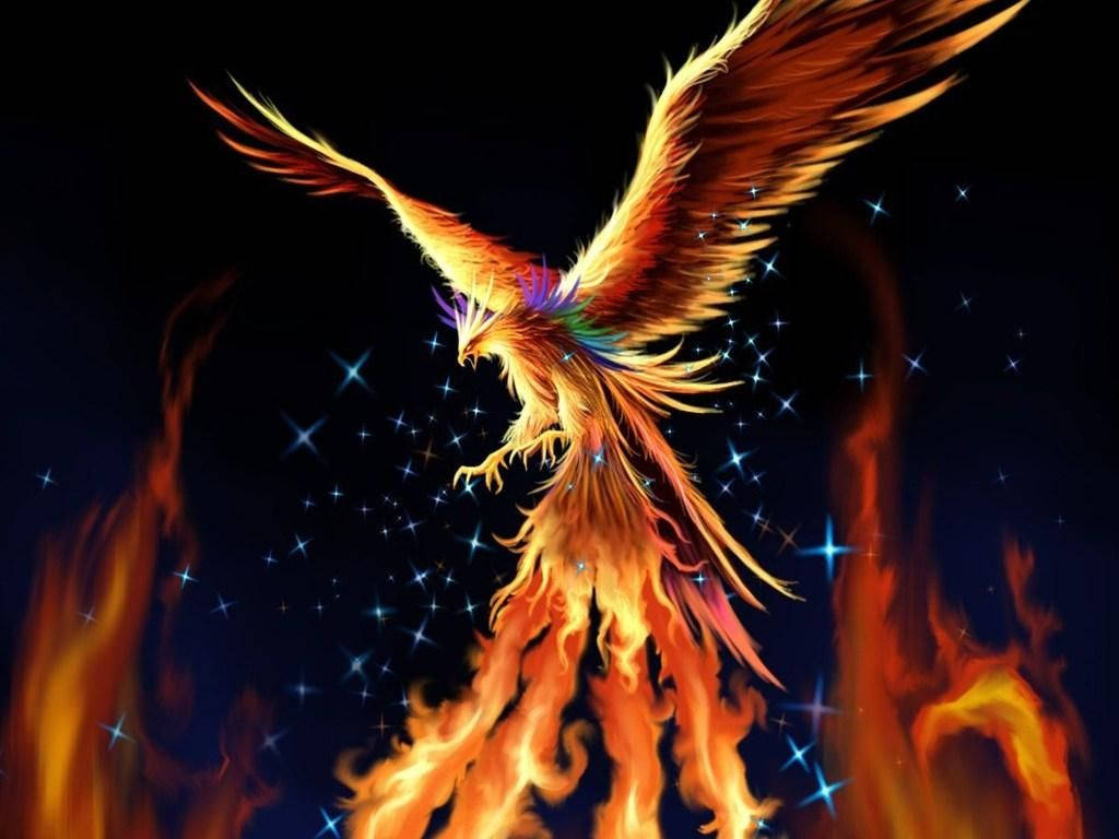 輝煌鳳凰烈焰雙翼 壁紙 — 一隻雄偉的鳳凰，擁有火橙色和金色的羽毛，在點綴著發光藍色星星和火焰的黑暗天空中翱翔。