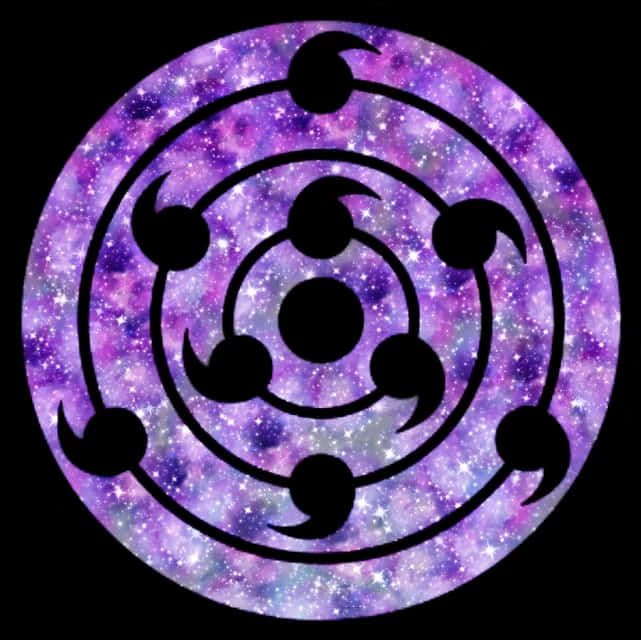 輪眼圖案宇宙星場背景 壁紙 — 一個宇宙紫色星系在一個帶有同心圓環和六個巴紋的黑色輪迴眼符號後面旋轉。