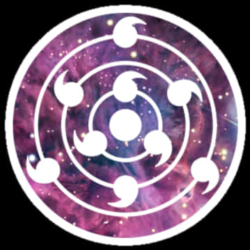 輪眼符號宇宙背景 壁紙 — 一個白色圓形符號，六個新月圍繞中心圓圈運行，背景是充滿活力的紫色宇宙星雲。