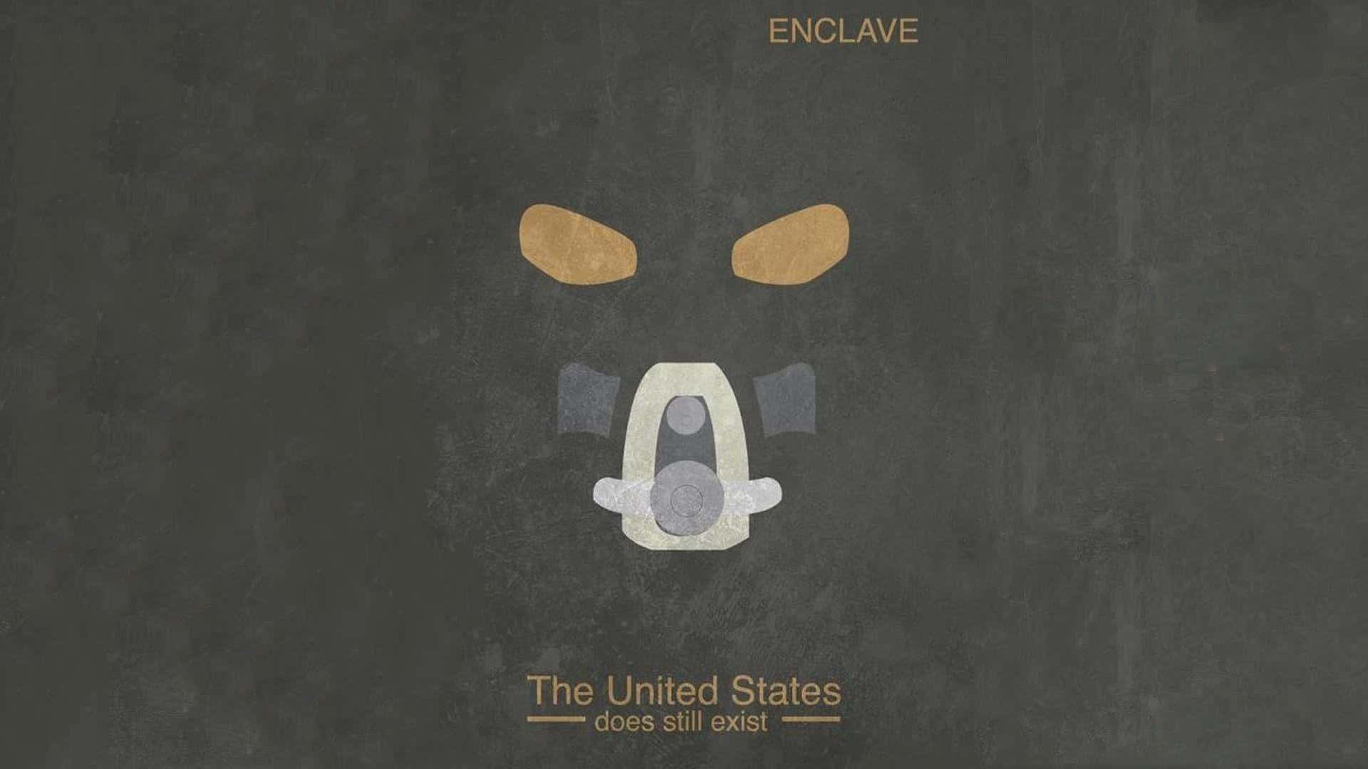 帶有防毒面具和文字 enclave the united states does still exist 的極簡海報。