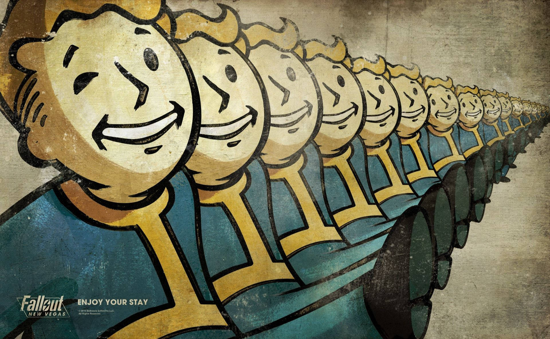 《輻射：新維加斯》中的 Vault Boy 壁紙 — 一排穿著藍色連身衣的相同Vault Boy角色，對著風化的米色牆壁愉快地微笑。