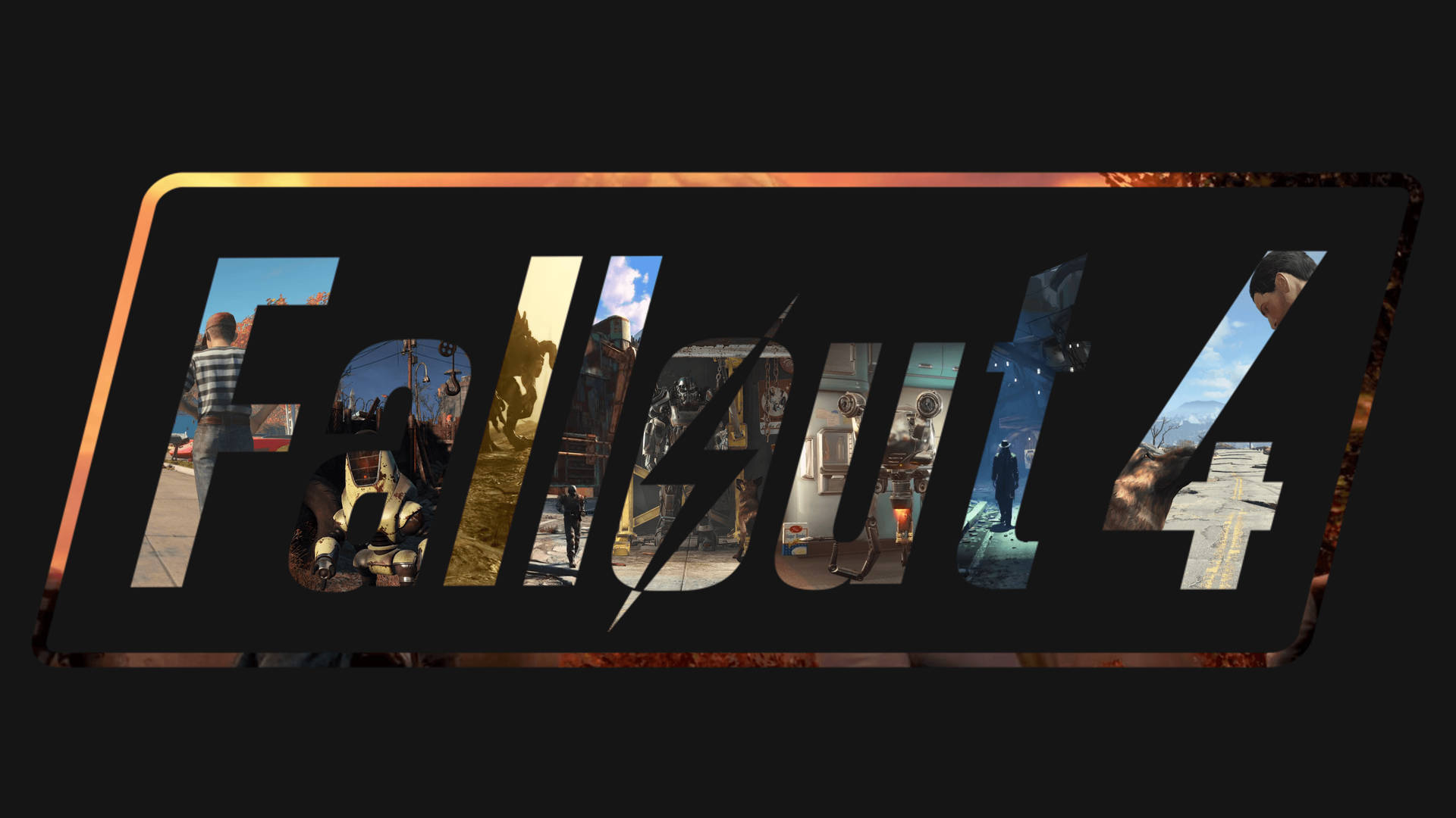 Fallout 4 遊戲標誌，字母內有場景，深色火焰背景