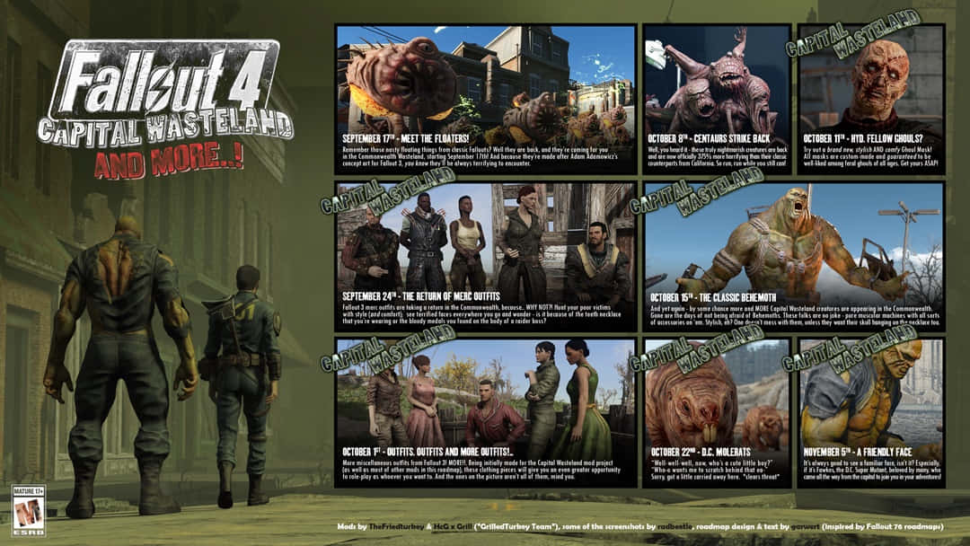《輻射4》獨行者探索首都廢土 壁紙 — Fallout 4 宣傳海報，展示變異生物和角色在後末日荒原場景中。