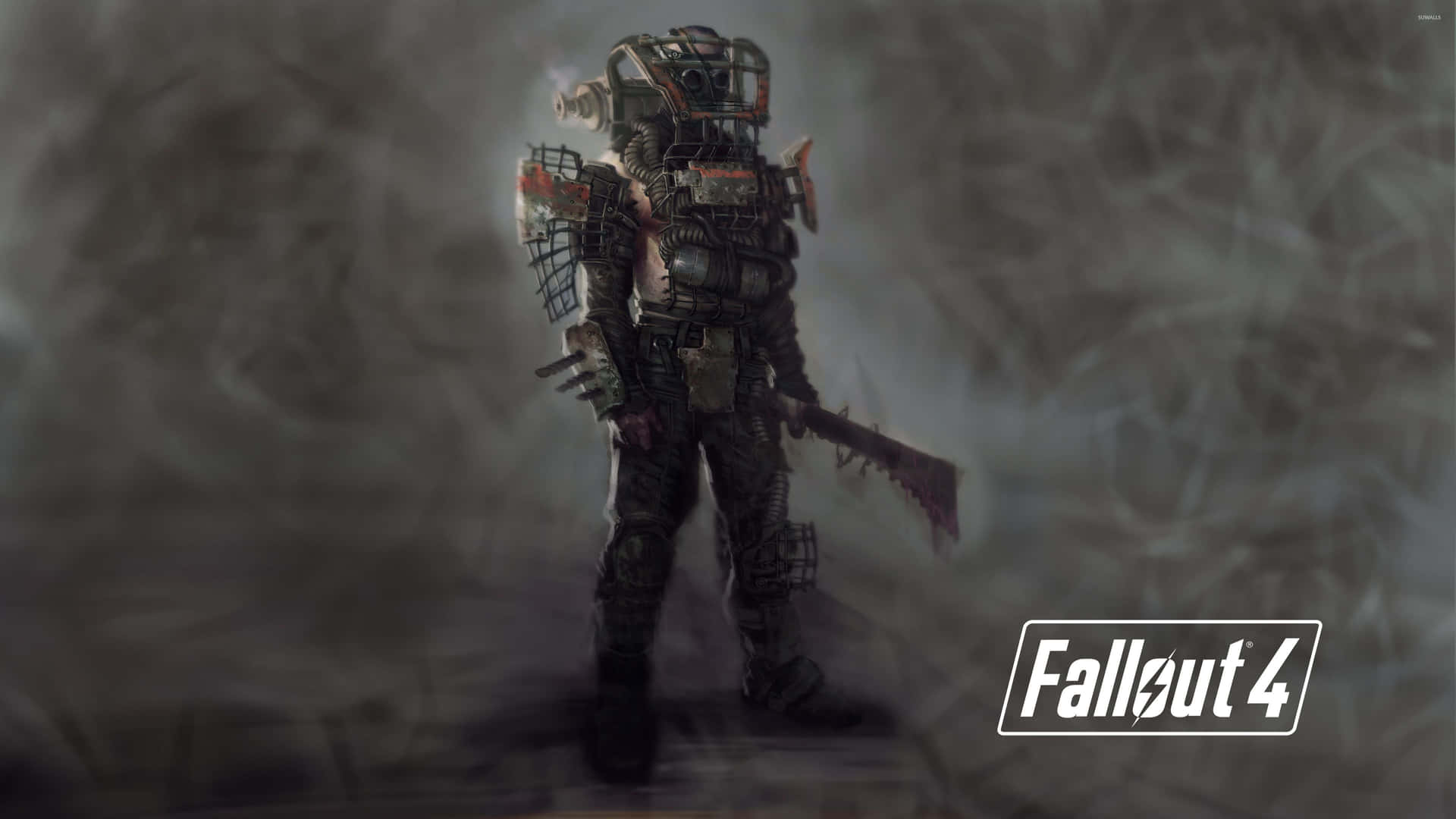 Fallout 4 廢土倖存者穿著動力裝甲在霧氣瀰漫的廢墟中手持武器。