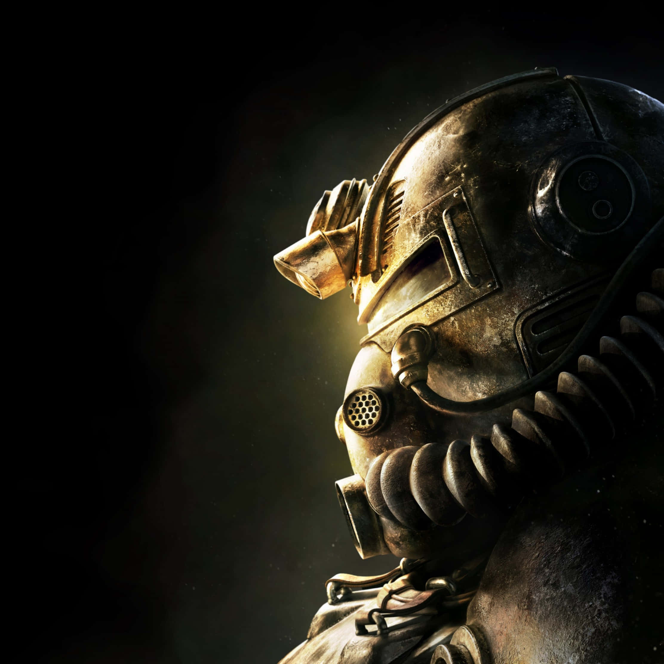 《輻射76》PS4 個人頭像 壁紙 — 一個飽經風霜的動力裝甲頭盔在黑暗煙霧背景中發出金色光芒。