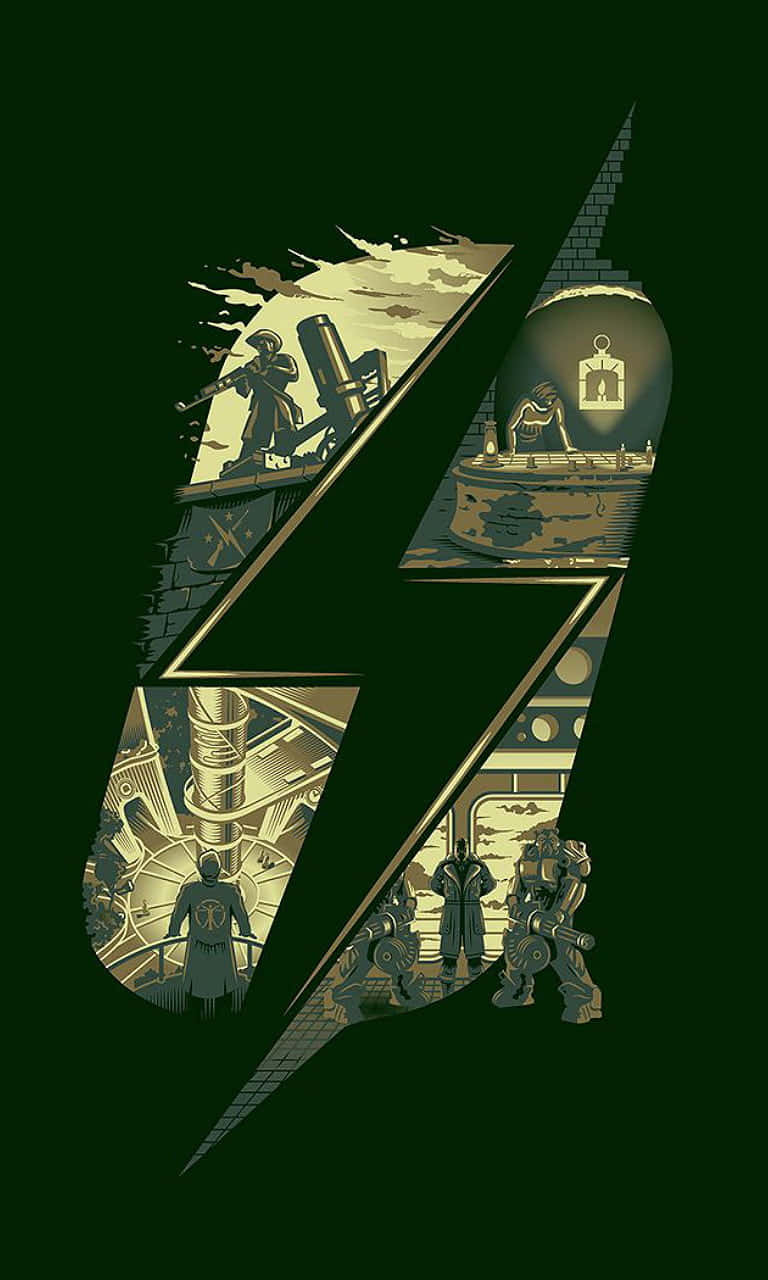 《輻射76》後末日世界中的蛾人凝視畫面 壁紙 — 一個風格化的閃電圖形，由四個插圖場景組成，描繪了在工業和神秘環境中的裝甲人物，背景為深綠色。
