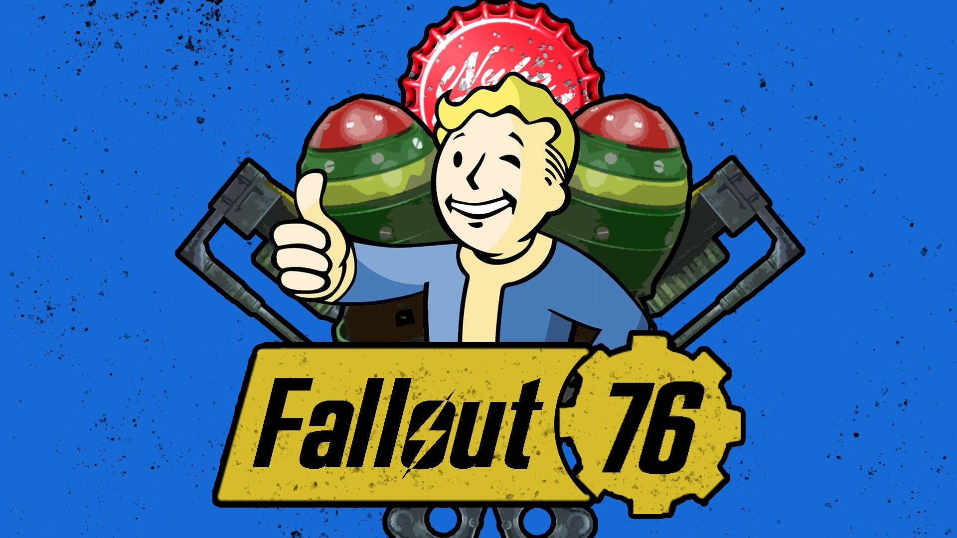 來自Fallout 76的Vault Boy在藍色背景上豎起大拇指，手持核瓶子。