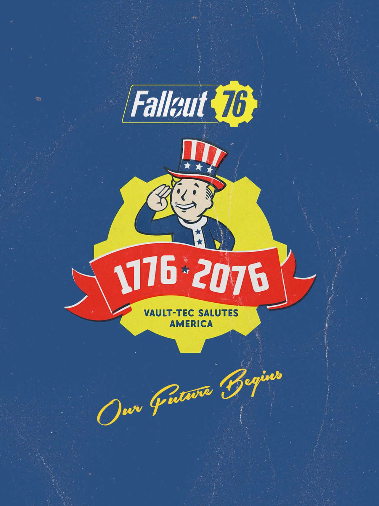 輻射76的後末日世界 壁紙 — 復古Fallout 76標誌，微笑的Vault Boy在紋理藍色背景上敬禮。