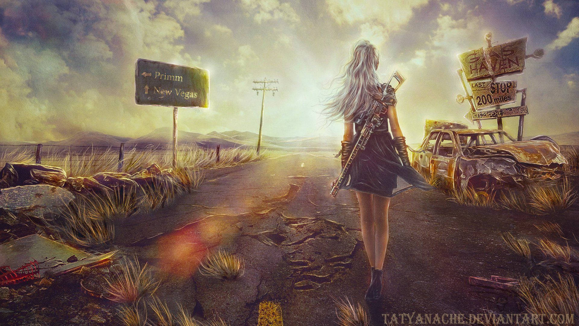輻射中的女性行者 壁紙 — 一位銀髮孤獨女子走在龜裂的沙漠道路上，經過一輛生鏽的汽車和風化的標誌，背景是戲劇性的金色日落。
