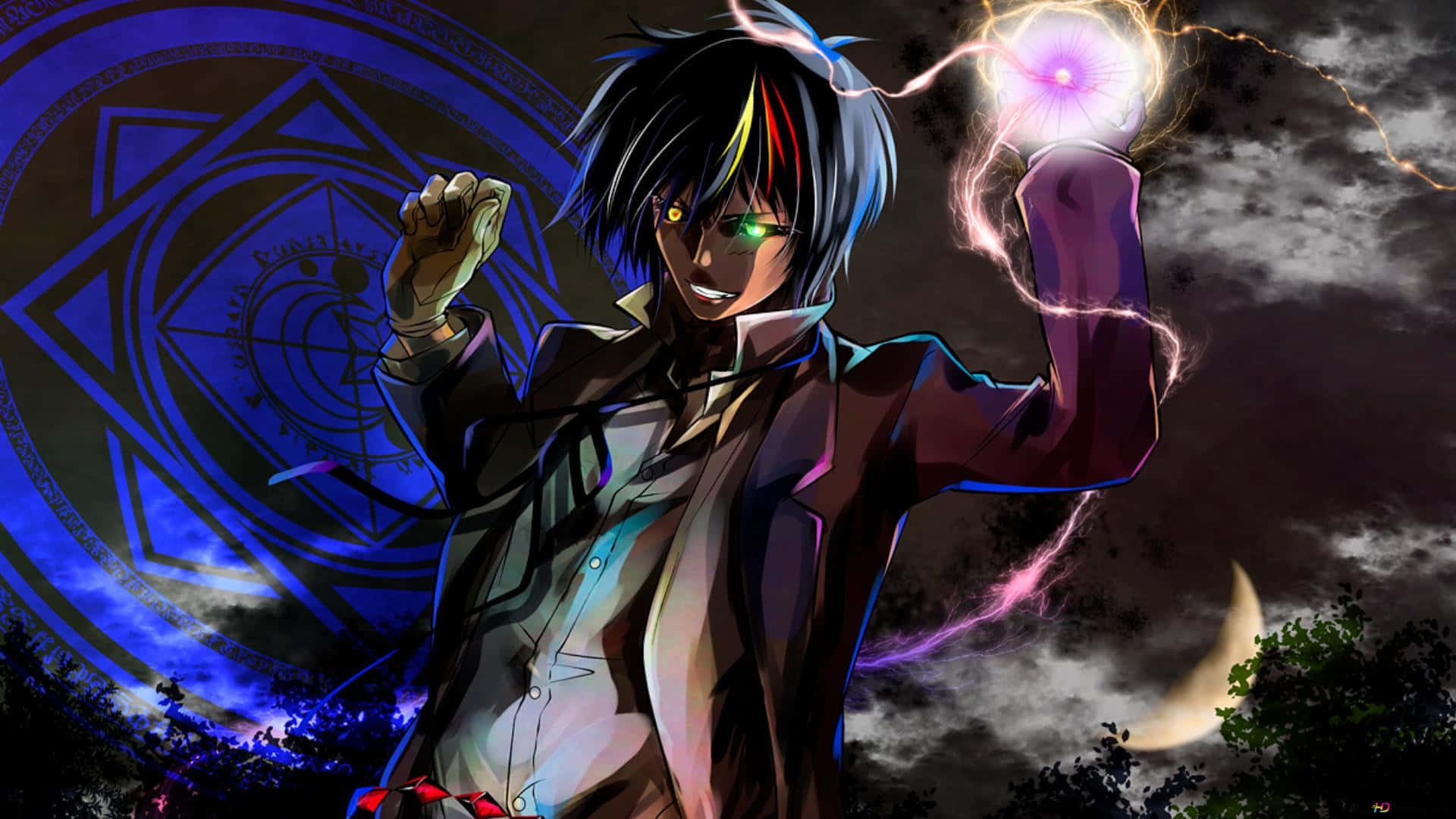 《轉生為史萊姆》中的原初惡魔迪亞波羅 壁紙 — 一個年輕的動漫男孩，眼睛發光，從手中釋放出紫色閃電，背景是黑暗的天空，有新月和發光的藍色符號。