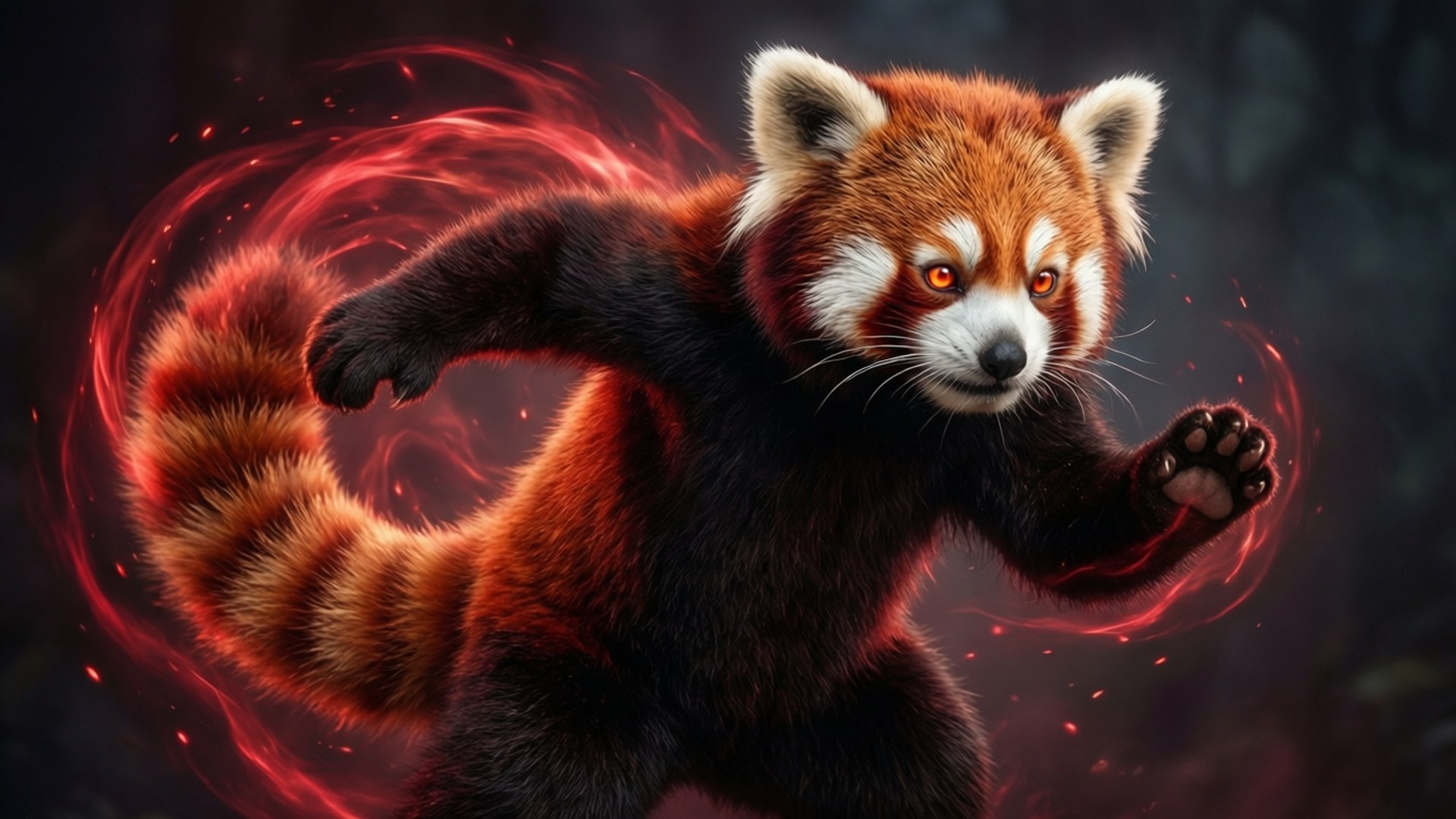 轉變光暈 壁紙 — 一隻兇猛的小熊貓向前躍起，發光的紅色能量在其身體周圍旋轉，背景是黑暗的森林。