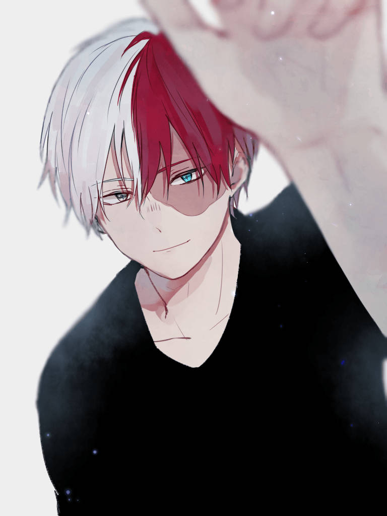 轟炸機 Todoroki 可愛素描 壁紙 — 一個半白半紅頭髮、藍眼睛的動漫男孩特寫，他微笑著將手舉到臉旁。