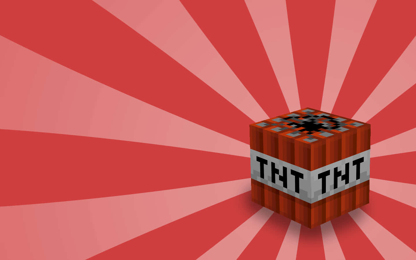 一個像素化的Minecraft TNT方塊在紅色徑向背景上。
