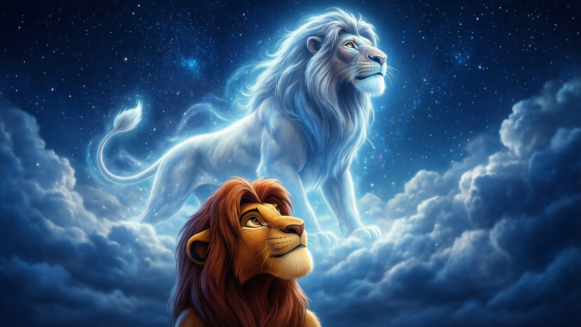 年輕獅子仰望星空雲層中的發光白色獅子。