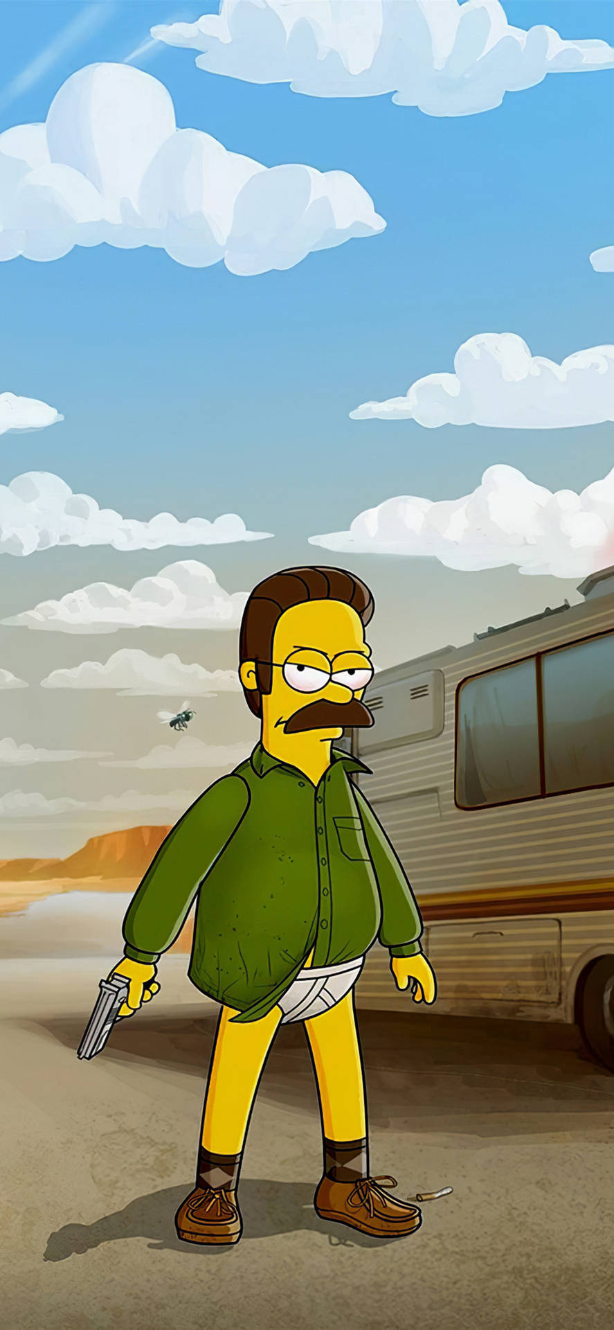 Walter White 喺沙漠露營車旁邊揸住支槍。