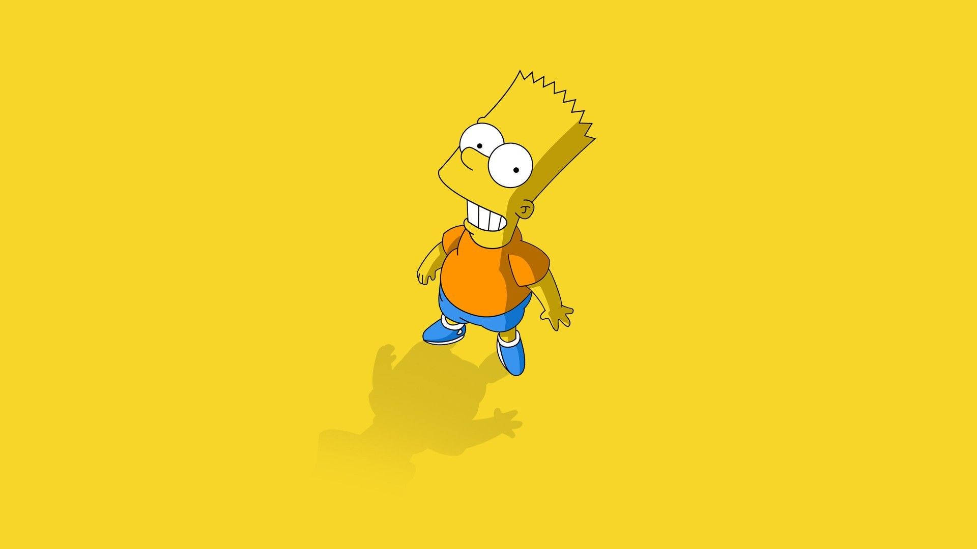 《辛普森一家》巴特·辛普森數位藝術 壁紙 — Bart Simpson 卡通角色，身穿橙色襯衫和藍色短褲，站在純黃色背景前，帶有陰影。