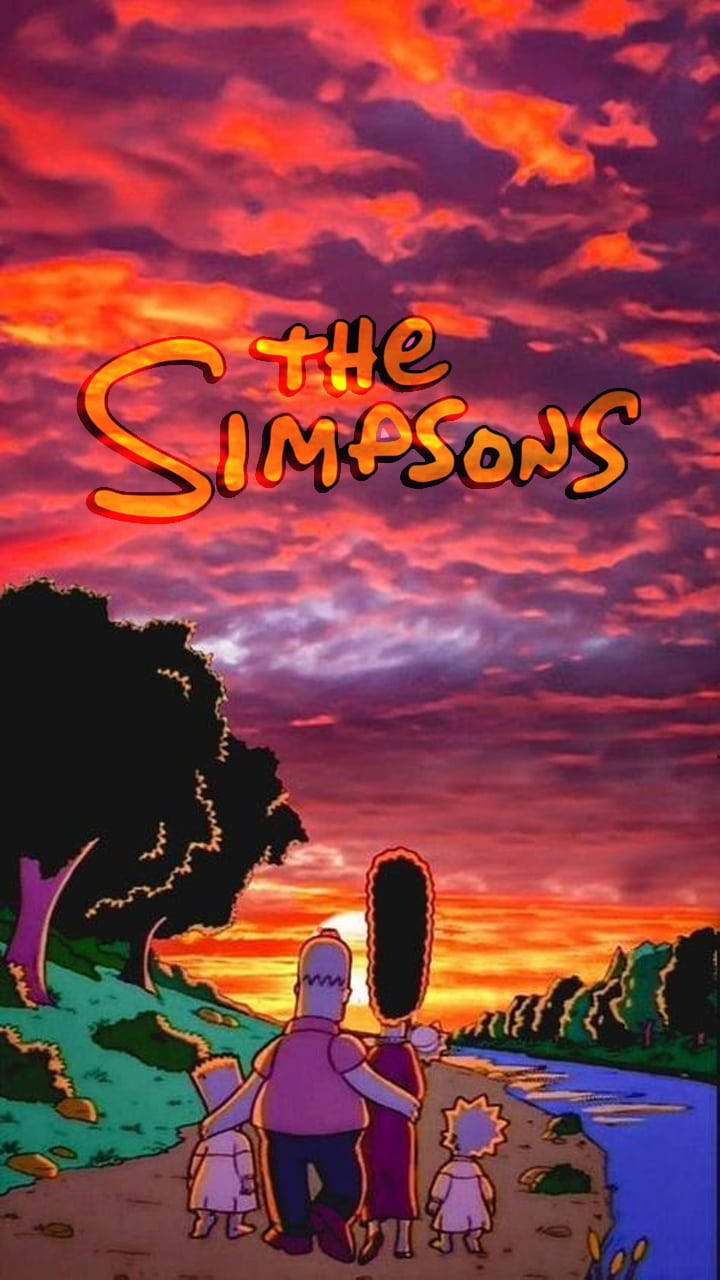 Sad Simpsons 桌布 壁紙 — 辛普森一家手拖手沿河岸行走，在熾熱的日落天空下，節目名稱在上方發光。