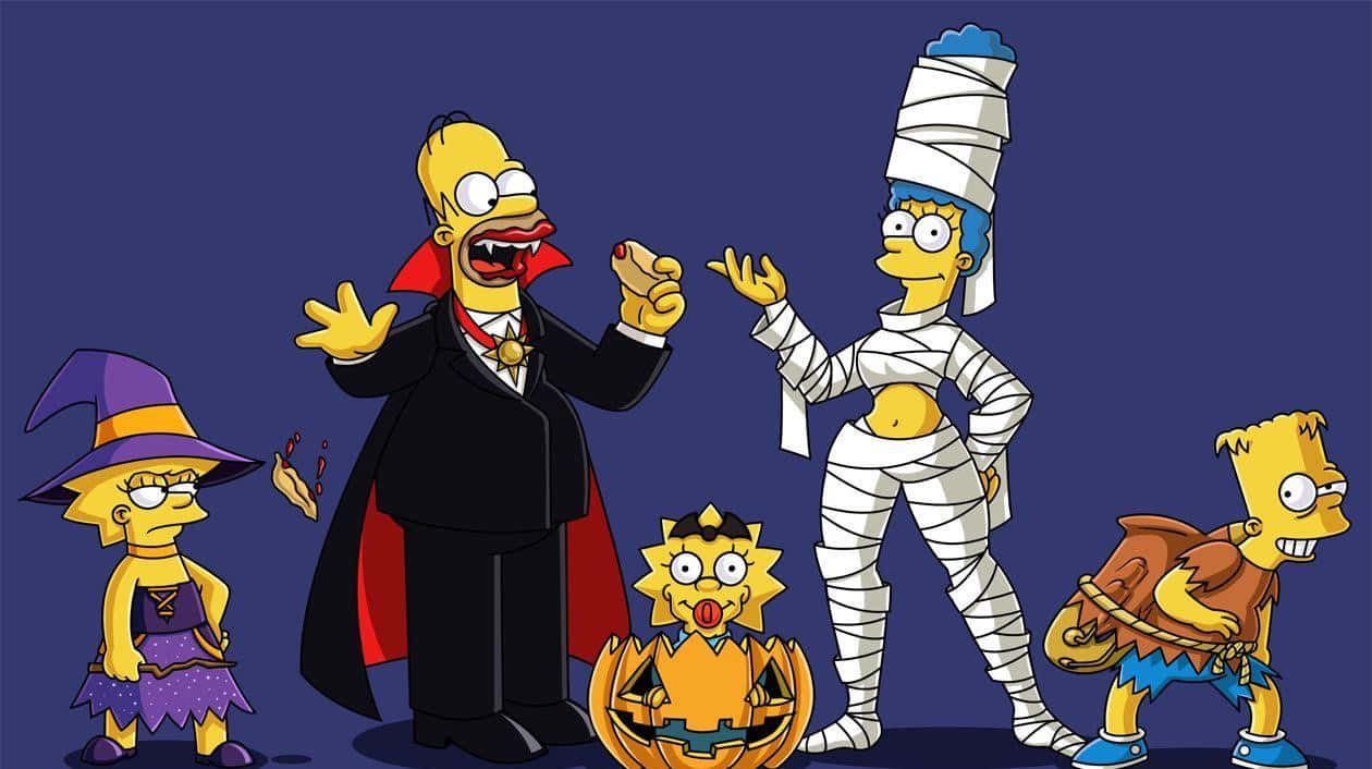 Horror Costumes 桌布 壁紙 — 辛普森一家穿著萬聖節服裝，背景為深藍色。
