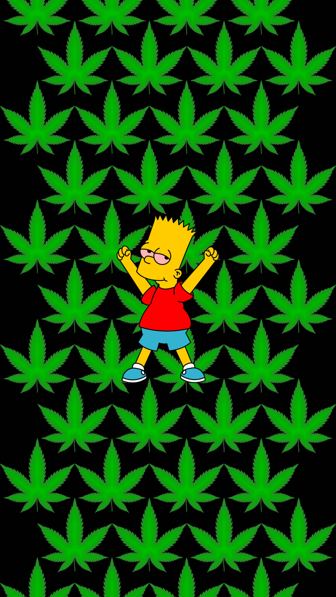 巴特·辛普森在綠色大麻葉田中跳舞。