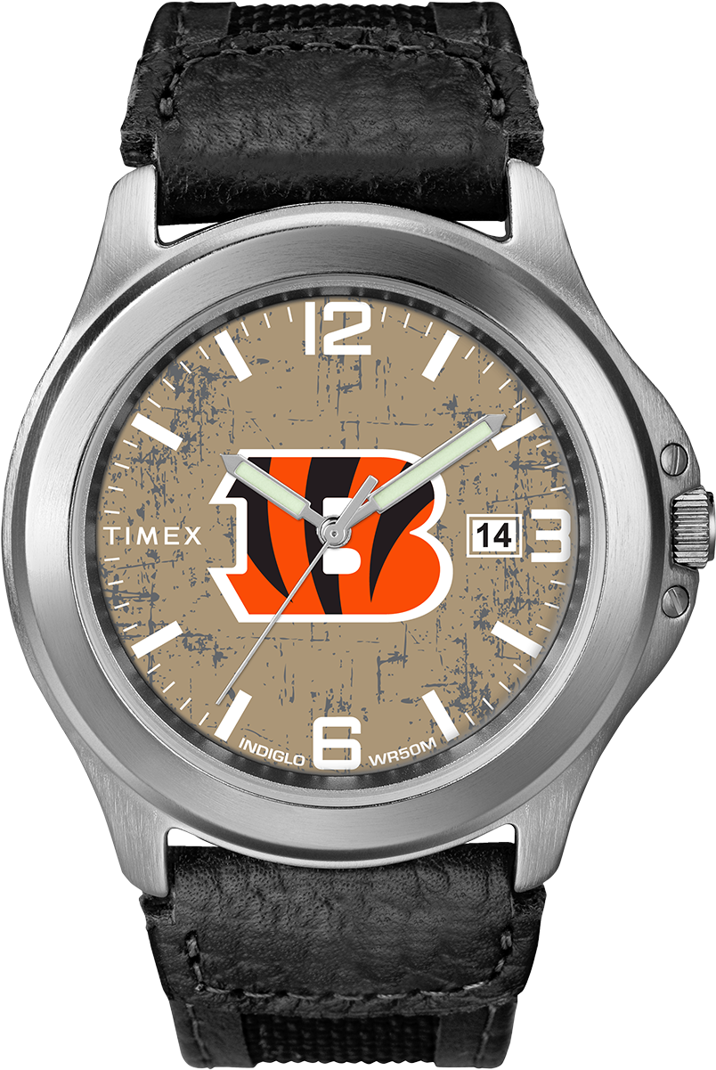 辛辛那提猛虎隊主題手錶 壁紙 — 一款 Timex 手錶，具有磨損的棕褐色錶盤，帶有辛辛那提孟加拉虎隊標誌和黑色皮革錶帶。