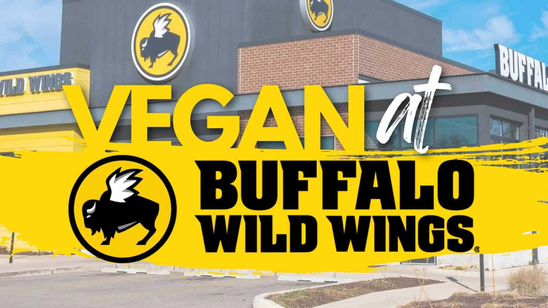 Buffalo Wild Wings 餐廳的純素菜單推廣，帶有大膽的黃色和黑色文字。